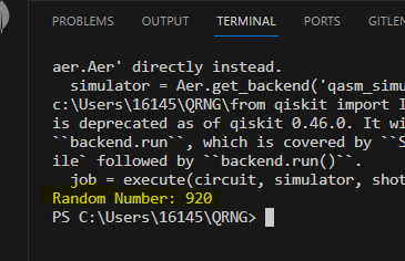 Terminal output from the script: a fresh random number straight from the circuit.